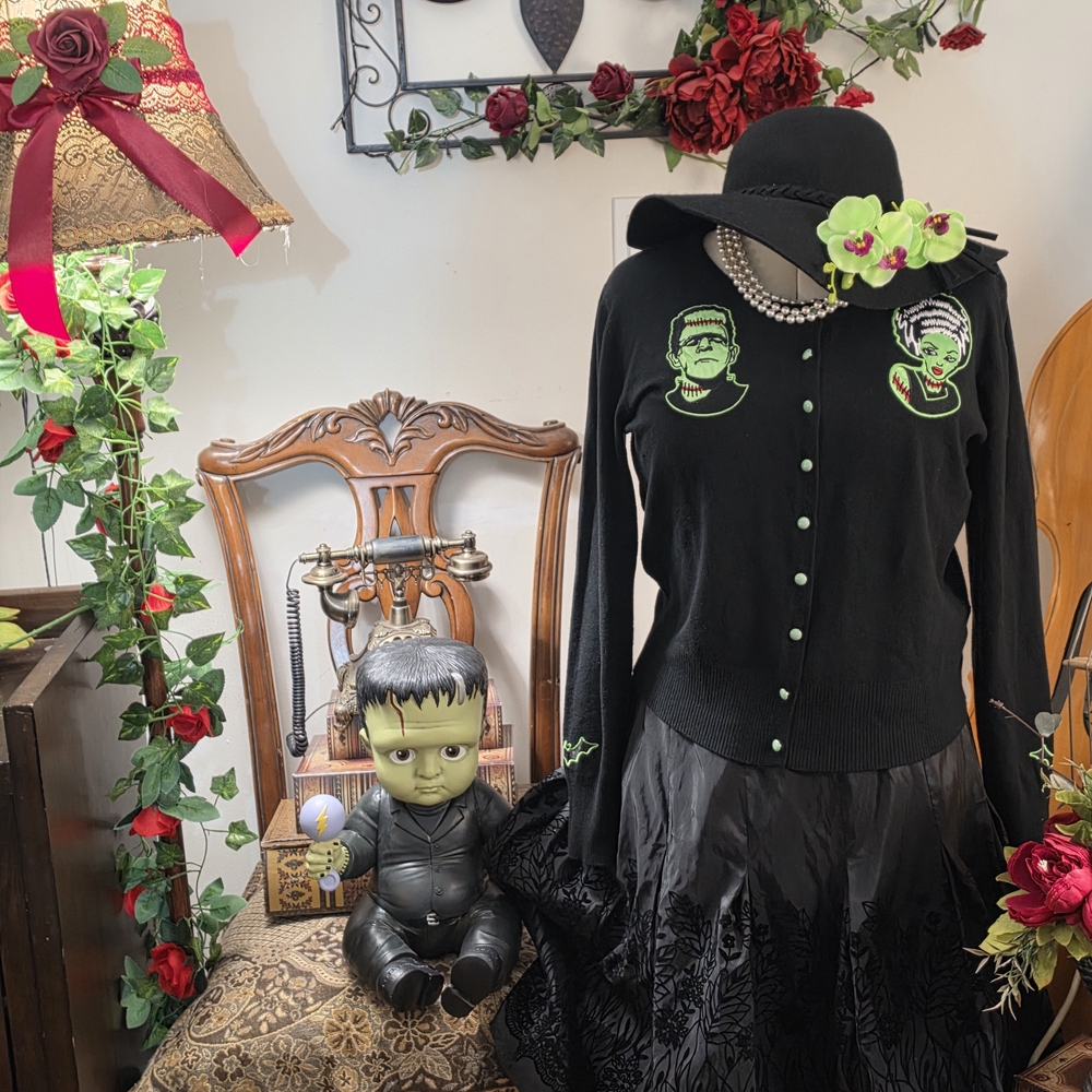 Black Vintage-Inspired Cardigan with Green Embroidered Halloween Motifs